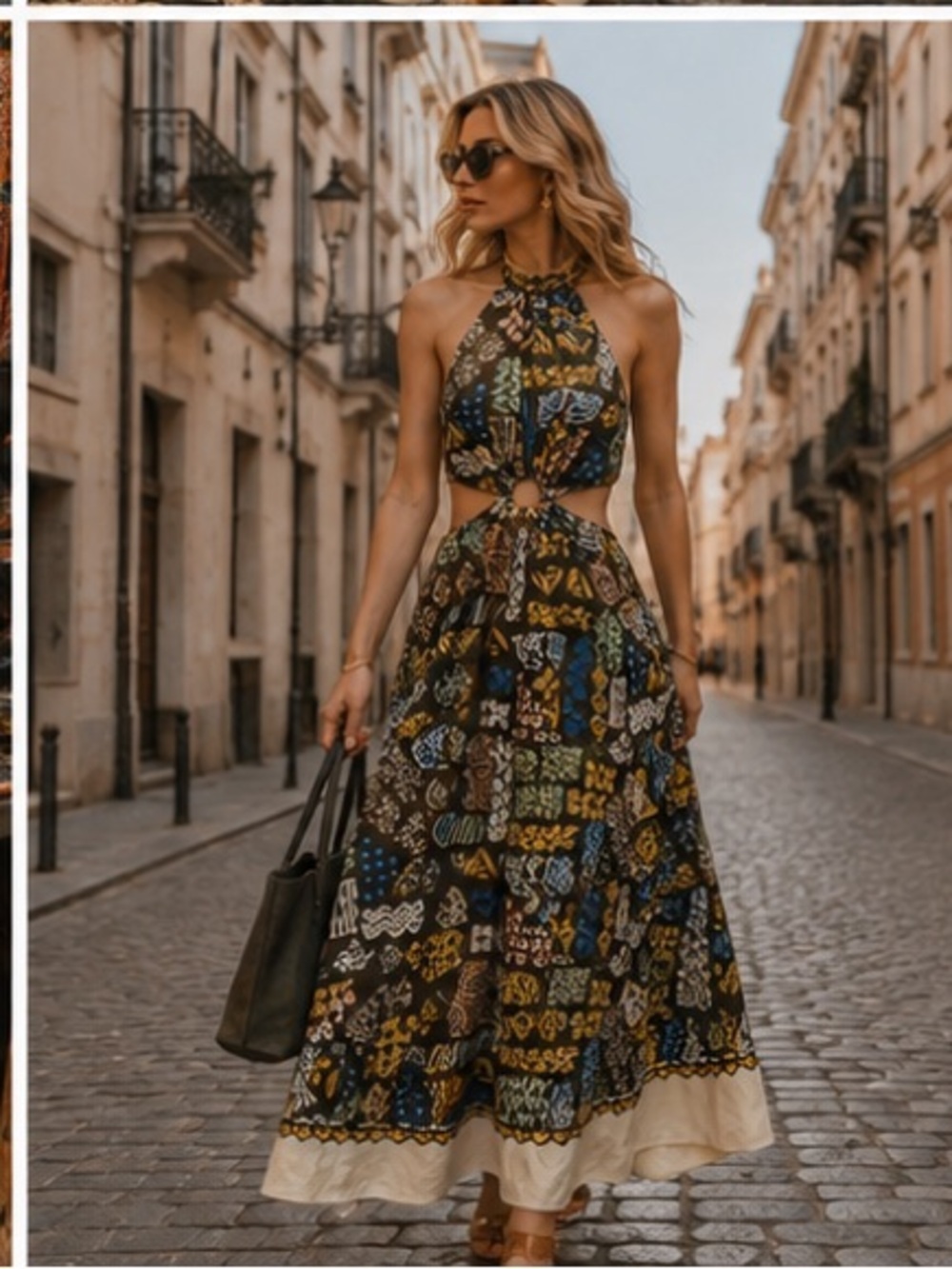 Alemais Halter Maxi Dress in Black, Blue & Gold Patchwork
